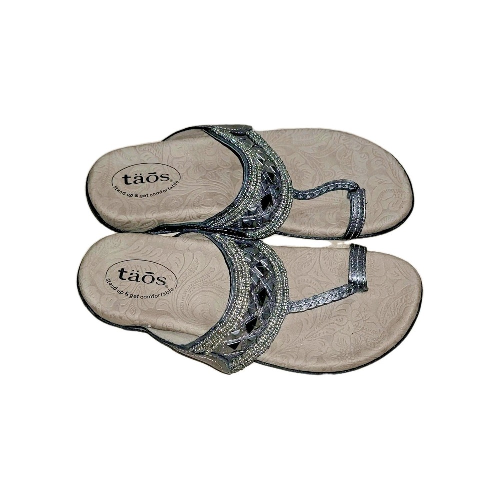 Taos Genie Womens Size 7 Gray Studded Toe Loop Beaded Leather Comfort Sandals - Picture 11 of 13